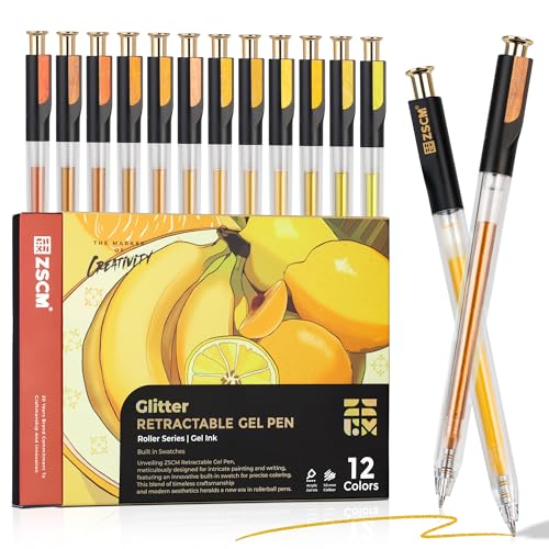 ZSCM Retractable Glitter Gel Pens, 12 Colors Large Capacity Yellow Glitter Metallic Gel Ink Pens, 1 mm Fine Point Smooth Writing Color Pens for Adult Coloring Book Note Taking Aesthetic Art Supplies - color: 12 Yellow