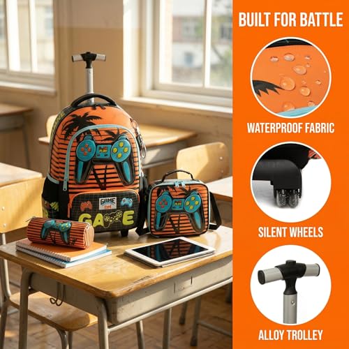 Kids Rolling Backpack for Boys Game Controller Trolley Suitcases Luggage with Wheels Bookbag Wheeled 3pcs Preschool Students Elementary Teenagers Lunch Box Pencil Case Yellow for Age 5-10 - color: Yellow-0201-shoubing