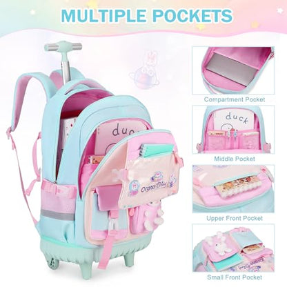 FIXITOK Rolling Backpack for Girls, Kawaii Bunny Roller Wheels School Backpacks with Lunch Bag Pencil case, Wheeled Suitcase Bookbag for Elementary Travel Aquamarine - color: Aquamarine