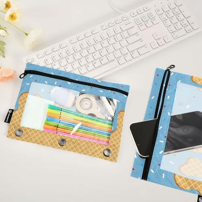 ALAZA Blue Ice Cream Pencil Pouch for 3 Ring Binder 2 Pack Zipper Binder Pencil Bag Case with Clear Window Office Supplies - color: multi2