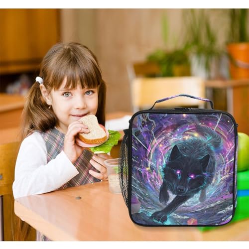 Black Wolf Purple Eyes Galaxy Lunch Box Insulated Lunch Bag Kids Cooler Tote Bag Freezable Shoulder Strap Lunchbox for Girls School Picnic - color: Multi2404