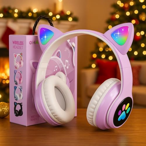 Kids Cat Ear Bluetooth Headphones, LED Light, Mic, Foldable | Foldable Cat Headphone, LED Light Up Ear, Cat Ear Headphones for Toddler, Microphone/TF Card - color: Purple