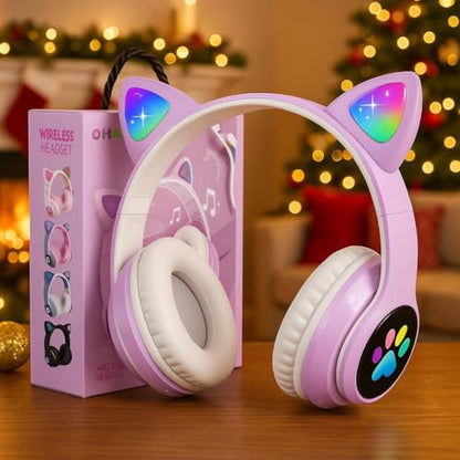 Kids Cat Ear Bluetooth Headphones, LED Light, Mic, Foldable | Foldable Cat Headphone, LED Light Up Ear, Cat Ear Headphones for Toddler, Microphone/TF Card - color: Purple