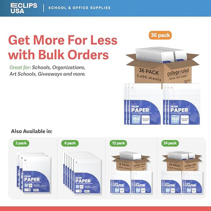 Loose Leaf Paper College Ruled Notebook Paper College Ruled Lined Writing Filler Paper 10.5” x 8” 5400 Sheets 150 Sheets Per Pack 60 gsm (36 Pack) - size: 36 Pack