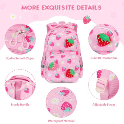 Kids Backpack for Girls 4-8, Cute 3D Plush Strawberry Toddler Backpack with 34oz Lunch Box, Insulated Bag, Pen Case & Utensils, School Bookbag for Preschool Kindergarten Elementary Student - color: Strawberry