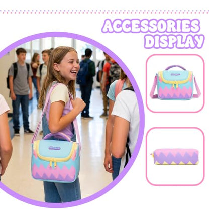 Girls Rolling Backpack with Lunch Box School Backpacks with Wheels 16.5" Roller Backpack for Girls, 3pcs Kids Wheeled Bookbag for Elementary School - color: Duosejieti
