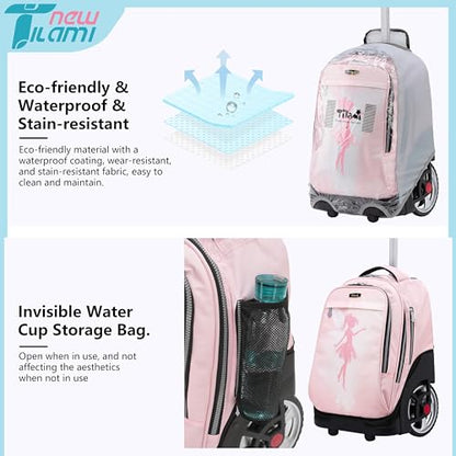 NEW TILAMI 19 inch Rolling Backpack Teens Rolling Backpack Cute Wheeled Laptop Backpack Bookbag Roller Travel Bag College, Flower Fairy (No USB interface) - color: Pink Flower Fairy