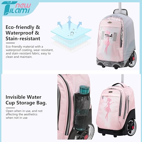 NEW TILAMI 19 Inch Rolling Backpack with Lunch Bag for Girls Boys Wheeled Laptop Backpack Durable Carry-on Bag School Travel, Flower Fairy - color: Pink Flower Fairy