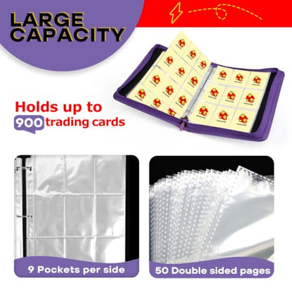 9-Pocket Trading Card Binder, PU Leather Zip Card Binder Album Holds 900 Cards for TCG, Sports Cards, Collectible Cards（CARTOON） - color: Cartoon3