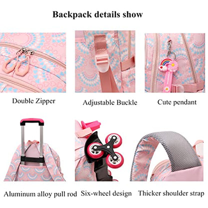 Mfikaryi 3PCS Girls Rolling Backpack Elementary Student Schoolbag Travel Trolley Bag Wheeled Bookbag with Lunch Box - color: 3pcs-pink-6 Wheels