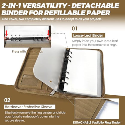 Tactical Notebook Cover, A6 Padfolio 6 Ring Binder with Big Back Pocket & Hand Strap, Zippered Hardcase Planner for Journal, College, Office, Field (Khaki, A6(5.5 x 8.5 inches)) - color: Khaki, size: A6