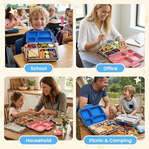 Stainless Steel Bento Box, 4-Compartment Metal Lunch Box with Removable Silicone, Lunch Container for Kids & Adults with Silicone Inner Container, School, Office, Dishwasher Safe(Blue) - color: Blue