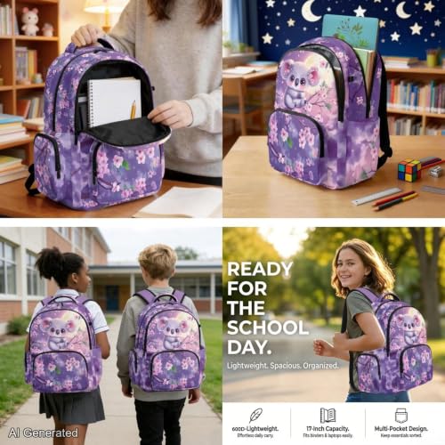 Purple Koala Backpack for Girls Boys Backpack with Lunch Box Water Bottle Carrier Kawaii Pencil Case 4 in 1 Cute Koala Bookbag for Kids 8-12 for Bring the School Supplies and Snacks Books - color: Cute Koala