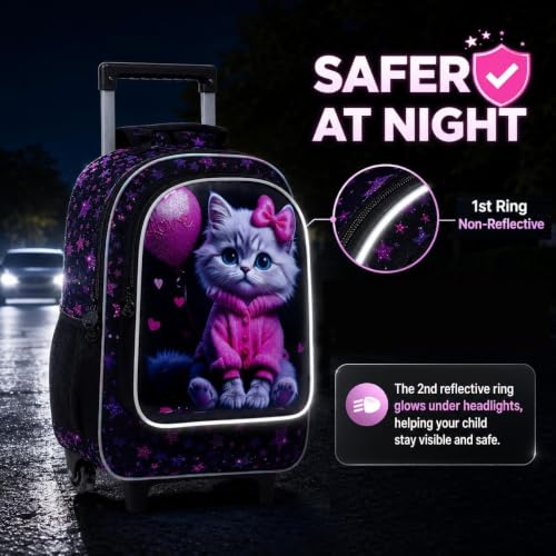 CCJPX 3Pcs Cat Rolling Backpack for Girls, 18" Kids Wheeled Bookbag with Lunch Box, Lightweight Roller School Bag for Elementary Preschool (Black) - color: Pink-clothed Cat