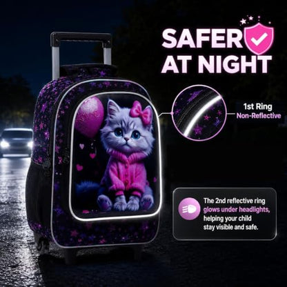 CCJPX 3Pcs Cat Rolling Backpack for Girls, 18" Kids Wheeled Bookbag with Lunch Box, Lightweight Roller School Bag for Elementary Preschool (Black) - color: Pink-clothed Cat