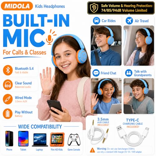 MIDOLA Kids Bluetooth Headphones 68H Play Time,Volume Limit 85/94dB, Foldable Lightweight Wireless Over-Ear Headphone for Kid Toddler Child Pad Tablet,Headsets with Built-in Mic Sky Blue - color: Sky Blue