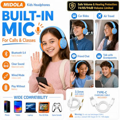 MIDOLA Kids Bluetooth Headphones 68H Play Time,Volume Limit 85/94dB, Foldable Lightweight Wireless Over-Ear Headphone for Kid Toddler Child Pad Tablet,Headsets with Built-in Mic Sky Blue - color: Sky Blue
