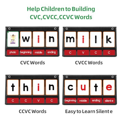 ANSTROUT CVC Word Builder Desktop Pocket Chart with 107 Phonics Flash Cards, Kids Word Builder Games for Learn to Read CVC CVCC CCVC Words, Phonics Learning Tool for Preschool Kindergarten Classroom.