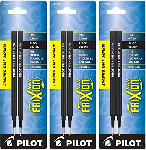 Pilot, FriXion Ball Gel Ink Refills for Erasable Pens, Fine Point 0.7 mm, Pack of 6 (3 Packs of 2), Black - color: Black