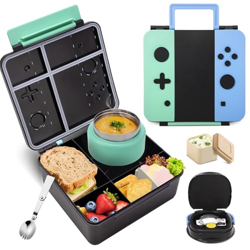 Game Bento Box for Kids, Lunch Box with Thermo(9oz Food Jar), Folding Spoon, Removable Divider & Sauce Cup, Lunch Box Kids for School,Travel, BPA-Free & Realistic Shape(Blue-Green) - color: Blue-Green