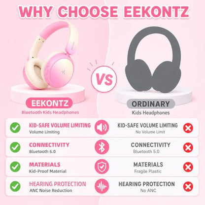 Wireless Headphones for Girls– ANC Active Noise Cancelling, 58H Playtime,Safe Volume Limiter, Foldable Over-Ear Kids Headset with 40mm Drivers for School, Travel & Learning - color: Pink