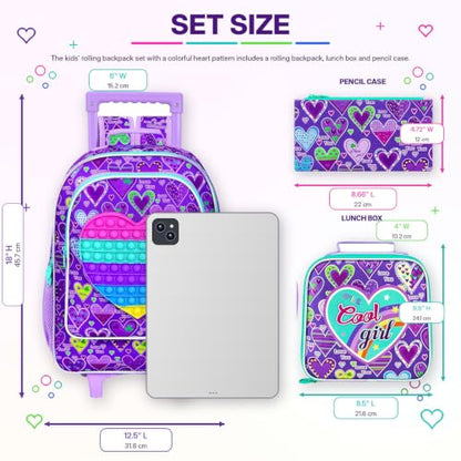 AGSDON 3PCS Rolling Backpack for Girls, Kids Roller Wheels Bookbag, Wheeled School Bag with Lunch Bag - Purple - color: Love