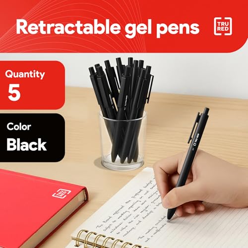 TRU RED Retractable Gel Pens, Medium Point 0.7mm, Black Ink, 5 Pack – Quick‑Dry Pens for No‑Smear Notes & Office Writing - color: Black, size: 5 Pack, style: Medium Point
