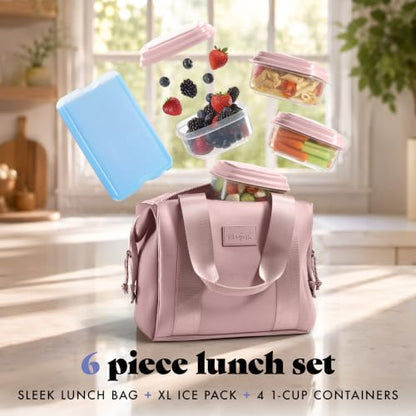Fit & Fresh Remi Lunch Bag for Women Work – Neoprene Lunch Tote with Containers & Ice Pack, Reusable Meal Prep Lunch Box, Large Capacity, Machine Washable, Mauve - color: Mauve