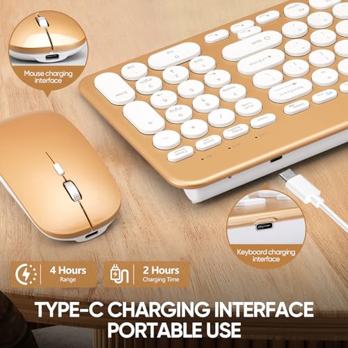 Wireless Keyboard and Mouse Combo with Phone Tablet Holder, Rechargeable Dual-Mode (Bluetooth 5.0 and 3.0 +2.4G) Multi-Device Silent Mouse for Windows, iPad, Tablet, MacOS,iOS,Android (Gold) - color: gold