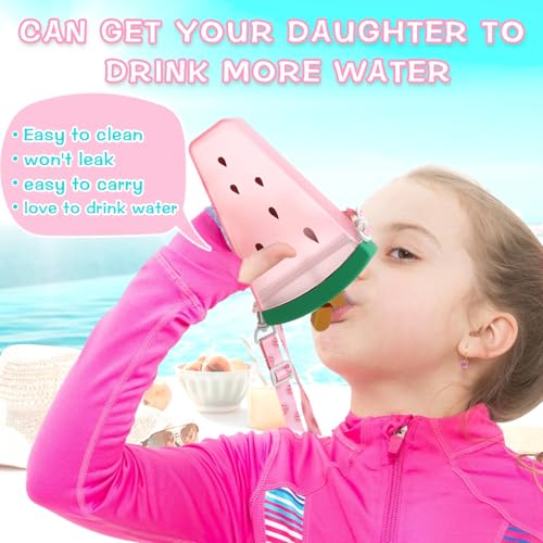 Patelai 8 Pcs 10.8oz Cute Water Bottles with Straw Kawaii Ice Cream Cups Leak Proof Drinking Bottles with Adjustable Shoulder Strap for Sports Travel Camping (Watermelon) - style: Watermelon