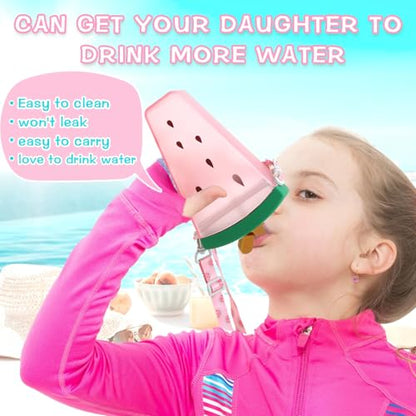Patelai 8 Pcs 10.8oz Cute Water Bottles with Straw Kawaii Ice Cream Cups Leak Proof Drinking Bottles with Adjustable Shoulder Strap for Sports Travel Camping (Watermelon) - style: Watermelon