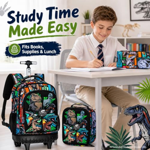 CCJPX 3PCS Rolling Backpack for Boys, 21 Inch Water Resistant Dinosaur Backpacks with Roller Wheels, Wheeled Bookbag for Teens Elementary School Travel-Brown - color: Rolling Dinosaur Black