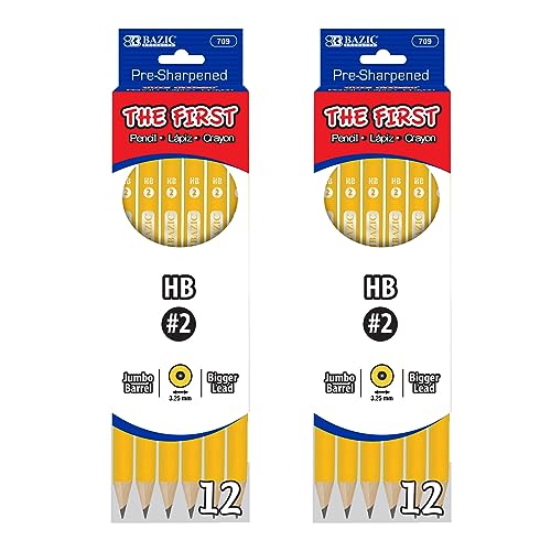 BAZIC PRODUCTS The First #2 Yellow Pencils, Pre-Sharpened, 12 Ct, 2-Pack | 3.25 mm jumbo HB lead, eraser, beginners, preschool, early grades writing and drawing