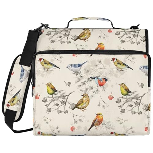 Zipper Binder Vintage Bird Watercolor Paint Bag with Shoulder Strap 3 Ring Binder Organizer Large Capacity Multiple Pockets for School Office - color: Beige Bird