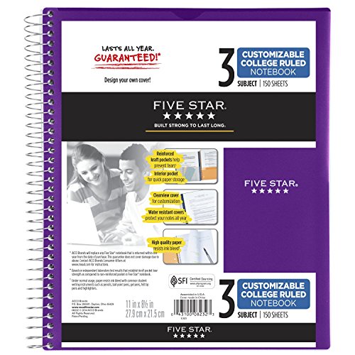 Five Star Spiral Notebook, 3 Subject, College Ruled Paper, 150 Sheets, 11" x 8-1/2", Customizable Cover, Purple (38005) - color: 08 Royal Purple