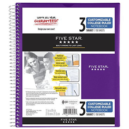 Five Star Spiral Notebook, 3 Subject, College Ruled Paper, 150 Sheets, 11" x 8-1/2", Customizable Cover, Purple (38005) - color: 08 Royal Purple