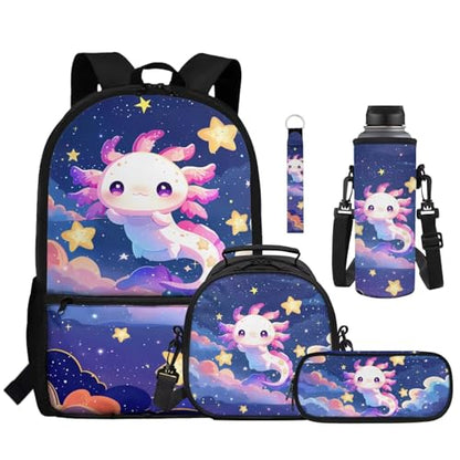 Galaxy Axolotl 5 Piece School Backpack Set for Girls and Boys with Lunch Bag Pencil Case and Water Bottle Carrier Large Capacity Bookbag - color: Galaxy Axolotl