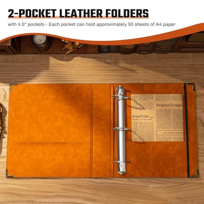 Ovesmusl 2 Pack Leather D Ring Binder Fits 8.5"x11" Letter Size Paper, 2 Inch D-Ring Binders Holds 550 Sheets, Notepad Paper Cover Loose Leaf Organizer with Inner Pockets, Green and Brown - color: Green+brown, size: 2 inch, style: 2 Pack