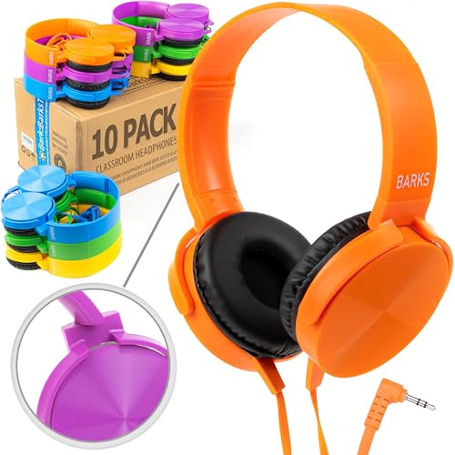 Barks Select Classroom Headphones Bulk 10 Pack On-Ear Wired 3.5mm Mixed Colors | Durable Everyday Student Use, Colorful Class Set, Tangle-Free Cords, Adjustable Fit All-Day Comfort, Easy Clean, K-12 Schools