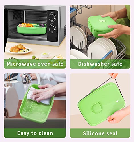 Bento Lunch Box with Kids/Adults, 5 Compartments Leakproof Lunch Container with Dressing Cup, Eco-Friendly Double Insulated Boxes, Dishwasher and Microwave Safe, BPA-Free (green) - color: Green