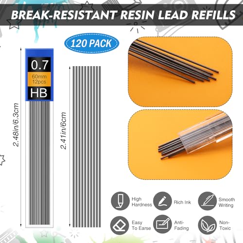 MotiMind 240 Pcs 0.7mm Mechanical Pencils Bulk Set Include 120 Black Mechanical Pencil 120 HB Lead Refills for Art Office Classroom School Student Writing Drawing Sketching Supplies