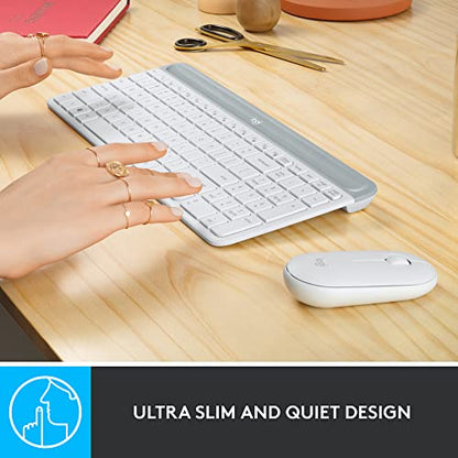 Logitech MK470 Slim Compact Wireless Keyboard and Mouse Combo - Off White | Compact low-profile quiet keyboard with number pad, slim ambidextrous quiet mouse with 3 non-customizable buttons, Windows PC - color: Off White