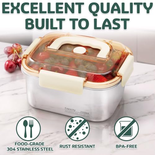 Everusely - Extra Large Stainless Steel Food Container + Snap Lock Lid - 68 oz - Airtight Food Storage Box - Meal Prep, Vegetables, Travel Lunch, Marinating Meat - Microwave, Oven, Refrigerator Safe - size: 2000mL