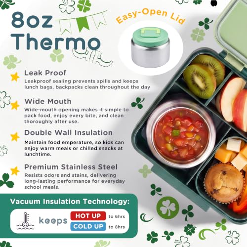 Bento Lunch Box for Kids with 8oz Soup Thermo Leak-Proof Lunch Food Containers with Snack Sauce Container for Kid Girls Boys to School, Green Bag - color: Green Bag
