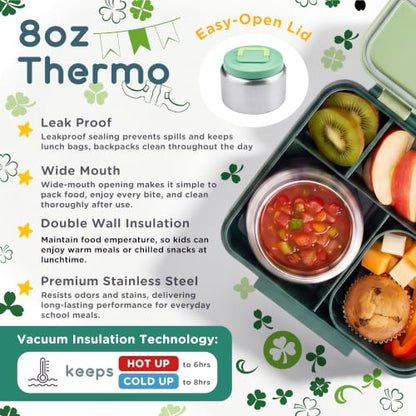 Bento Lunch Box for Kids with 8oz Soup Thermo Leak-Proof Lunch Food Containers with Snack Sauce Container for Kid Girls Boys to School, Green Bag - color: Green Bag