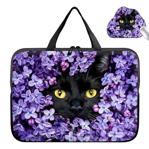 Laptop Bag 15.6 Inch,Resistant Shockproof Laptop Sleeve Case Protective Cover Carrying Case with Handle Compatible for HP Dell Lenovo Acer Asus Notebook Computer,Black Cat Purple Flower - color: Black Cat Purple Flower, size: 15-15.6 in