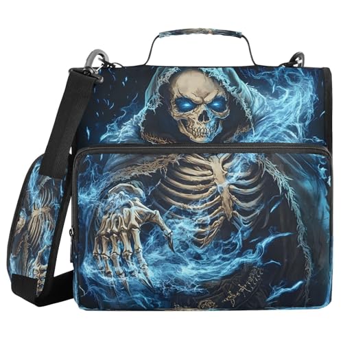3 Ring Zipper Binder Blue Skeleton Skull Binders Bag with Shoulder Strap 500 Sheets Paper Organizer Trapper Keeper Documents Storage File Folder for School Office - color: A1125