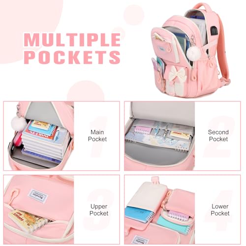 Bevalsa Backpack for Girls, Bow Bookpack with Bento Lunch Box, Insulated Bag & Utensils, 34oz Lunch Containers School Bags Set for Children Teens Kids Elementary Middle school Student (Pink) - color: Pink