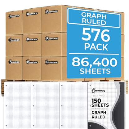 Rosmonde Graph Paper Bulk, 576 Pack(Pallet), 86400 Sheets, 4x4, Pallet of Loose Leaf Paper, 8" x 10.5", Bulk Graphing Paper, 3 Hole Punched for Binders, Grid Paper, Quad Ruled Papers, 4-7 Days Transit - size: Express Pallet (86K Sheets)