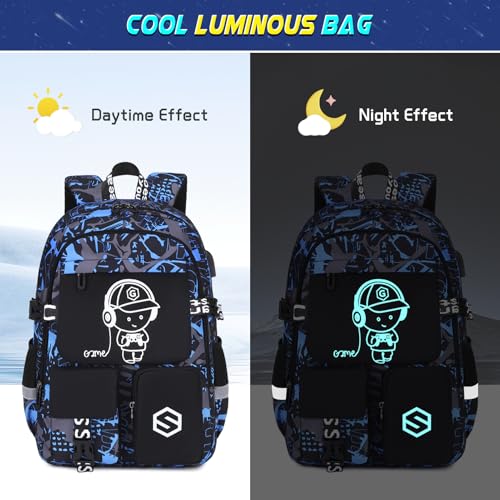 Scothen Boys Backpack, Cool Luminous School Backpacks for Boys with Lunch Bag Pencil Case, Kids Backpack Kindergarten Elementary Middle School Book Bags for Teen Boy Children with USB Charging Port - color: Blue Musicer
